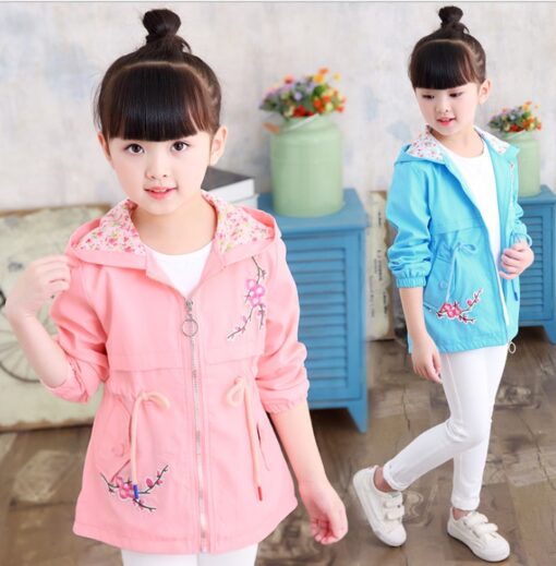 Girls windbreaker jacket autumn and winter of the long-sleeved peach embroidery hooded big children's shirt children's new children's clothing