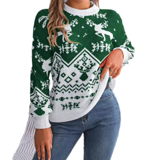 New Year Autumn Winter Casual Deer Pattern Long Sleeve Hoodie Sweater Christmas For Women Red Green Knitted Pullover Jumper - Image 4