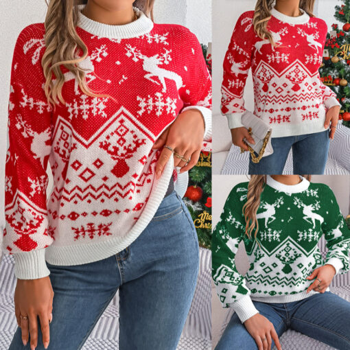 New Year Autumn Winter Casual Deer Pattern Long Sleeve Hoodie Sweater Christmas For Women Red Green Knitted Pullover Jumper