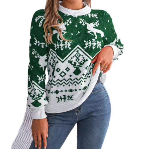 New Year Autumn Winter Casual Deer Pattern Long Sleeve Hoodie Sweater Christmas For Women Red Green Knitted Pullover Jumper - Image 5