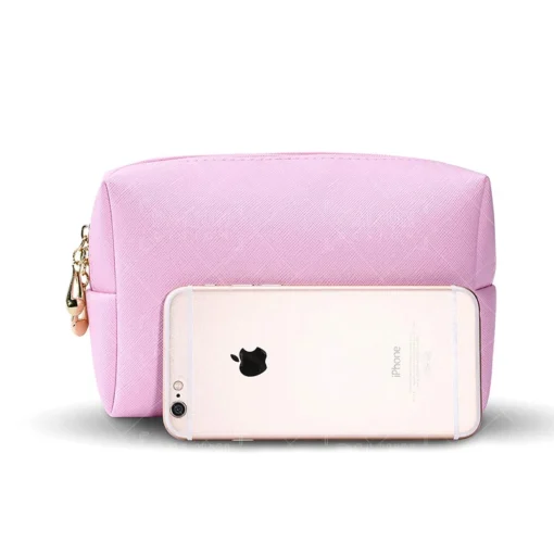 BSCI Custom Printed Logo Light Pink Small PU Leather Makeup Cosmetic Travel Bag - Image 4