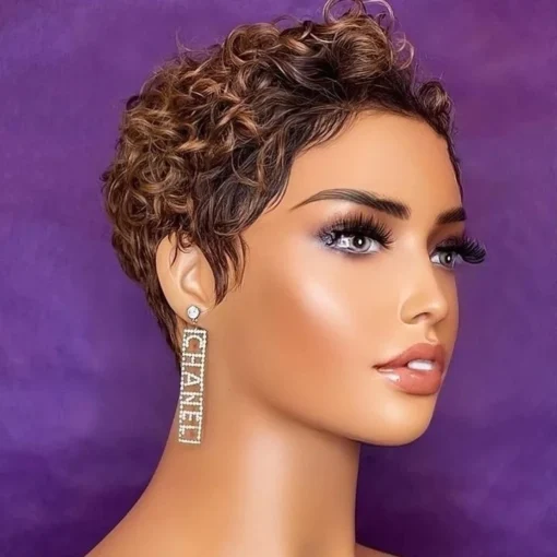 New Glueless #4/27 Brown Fumi Curls Pixie Short Cut Bob Wig Natural Look Remy Human Hair Swiss Lace Front Wigs - Image 6