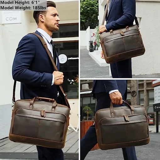 Hot Sale Brown Crazy Horse Leather Office Briefcase Bags Men's Business 15.6'' Laptop Portfolio Full Grain Leather Briefcase - Image 5