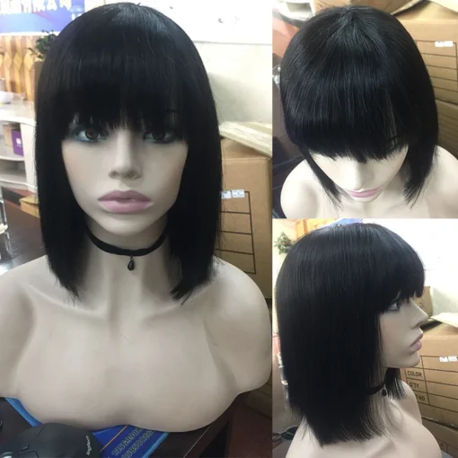 Vendor wholesale short bob Wigs with bangs machine made non lace cuticle aligned virgin brazilian human hair wigs - Image 2