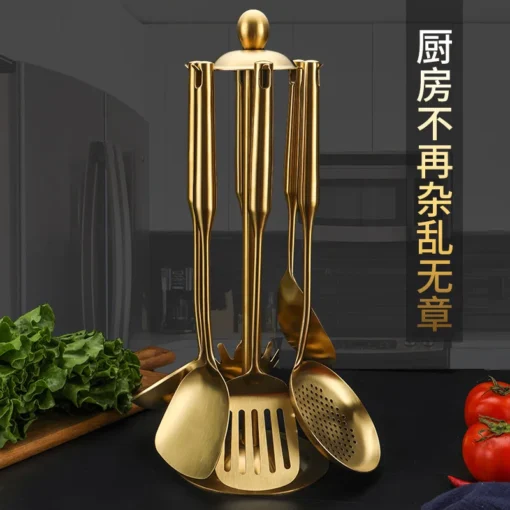 Custom Logo Gold Stainless Steel Kitchenware Cook Tools Used in Kitchen Cooking Utensils Set with Holder