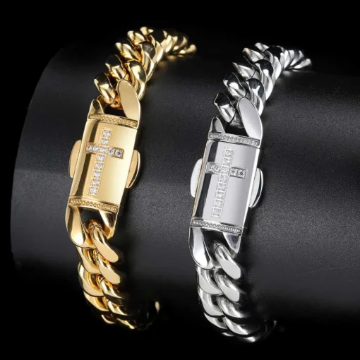 Hip Hop Chain Mens Gold Bracelets 18k Gold  Plated Chain Miami Stainless Steel Cuban Bracelets - Image 3