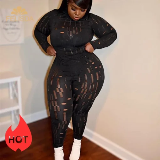 3xl Plus Size 2 Piece Set Women Clothing High Stretchy Hole Black Long Sleeve Top Trousers Skinny Tracksuit Two Piece Pants Set - Image 6