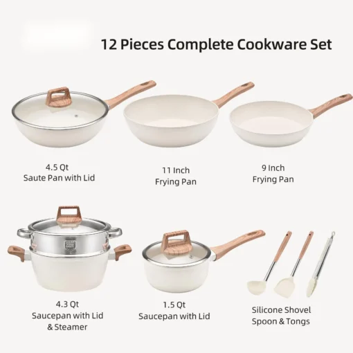 Wholesale 12 Pieces Aluminum Alloy White Granite Kitchen Cooking Pan Pot Set Non Stick Cookware Sets with Wood Handle - Image 4