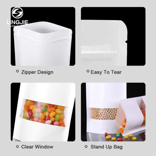 LingJie ODM OEM Stand Up Pouch Reusable Bag Composite Food PE  And Zipper Bag  White Kraft Paper Bag With High Clear Window - Image 3