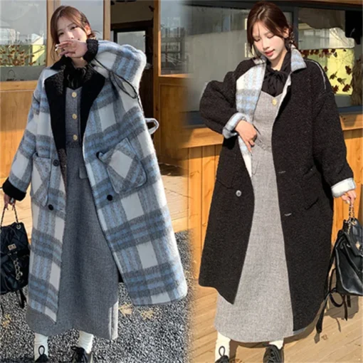 Lamb wool premium plaid coat vintage plaid 2024 autumn/Winter new thickened 700g long loose coat jacket