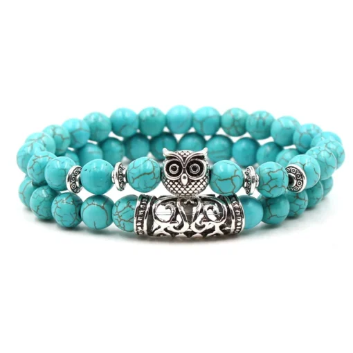 Bohemian 8mm Chain and Bead Bracelet Set Stone Silver Lion Owl Buddha Head Bracelet Jewelry Sets Turquoise Natural for Men High - Image 5