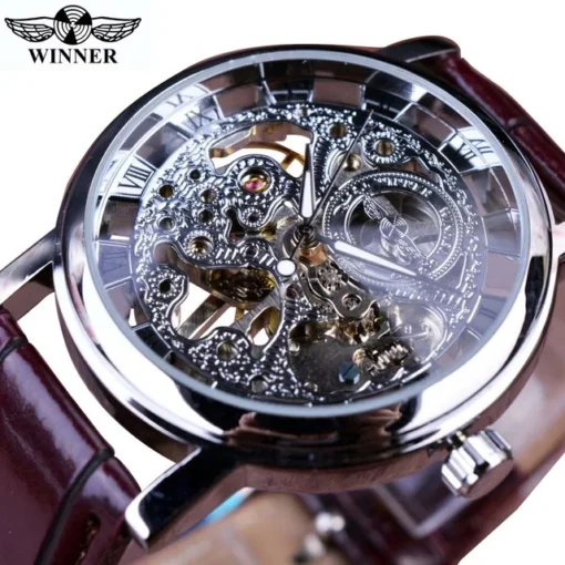 Winner Wristwatches Men Watch Luxury Transparent Golden Case Casual Design Brown Leather Mens Watches Mechanical Skeleton Watch - Image 2