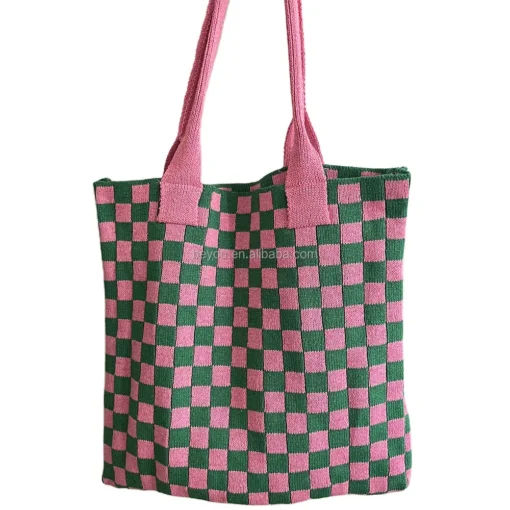 Pink Green Checkerboard Women's Fashion All Season Casual Knit Bag  Checked Plaid Shopping Bags Shoulder Tote Handbags - Image 6