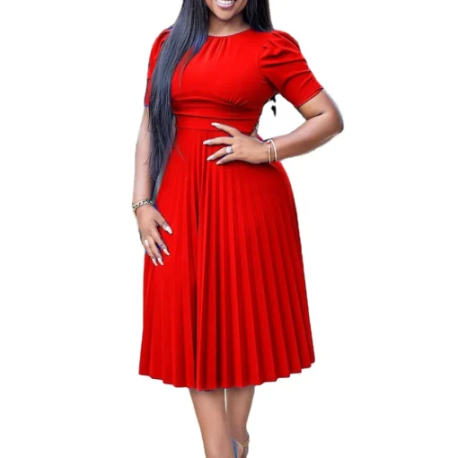 Summer African style celebrity red new arrivals short sleeve pleated solid color plus size crew neck green dresses - Image 6