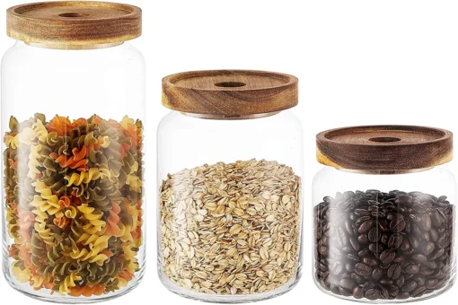 Stackable Clear Glass Food Jars/Canisters with Airtight Seal Acacia Wood Lids for Kitchen Bathroom Pantry Storage