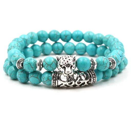 Bohemian 8mm Chain and Bead Bracelet Set Stone Silver Lion Owl Buddha Head Bracelet Jewelry Sets Turquoise Natural for Men High - Image 6