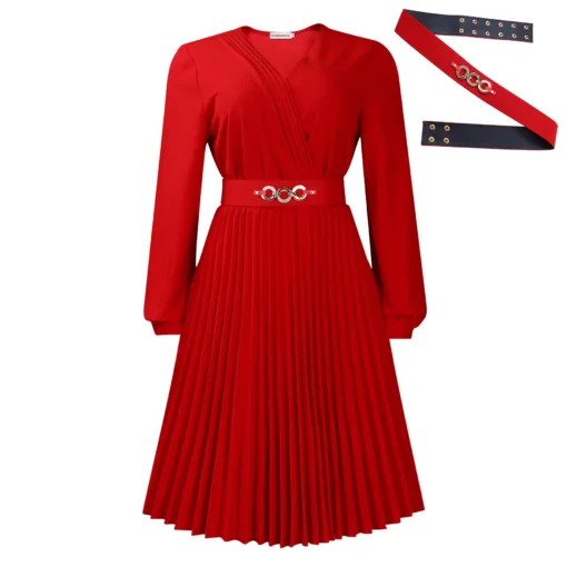 spring fall women clothing ladies temperament elegan dresses V-neck fashion solid color pleated plus size African women's dress - Image 5