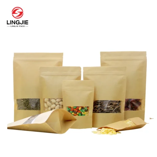 LingJie ODM OEM Stand Up Pouch Reusable Bag Composite Food PE  And Zipper Bag  White Kraft Paper Bag With High Clear Window - Image 4