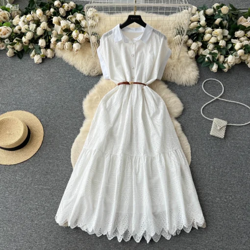 Summer New Design Solid Embroidery Hollow Out Turn-down Collar Short Sleeve Women Dresses Clothing - Image 2