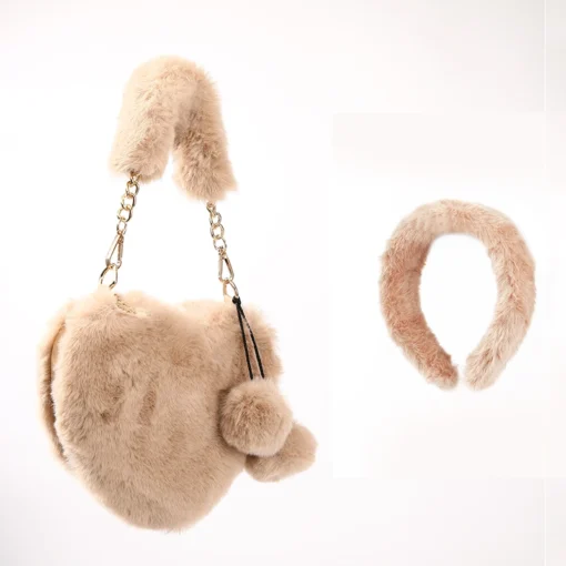 heart purse sets small 2022 women purses and handbags ladies mini designer Kid little girls faux fur furry heart shaped bags - Image 2