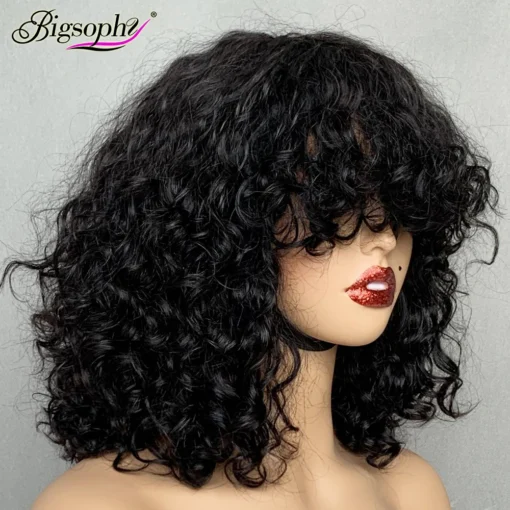 Luxury Curl Super Double Drawn Hair Machine Made Wigs,Natural Color 12Inches Raw Human Hair Bob Wigs With Bangs - Image 6