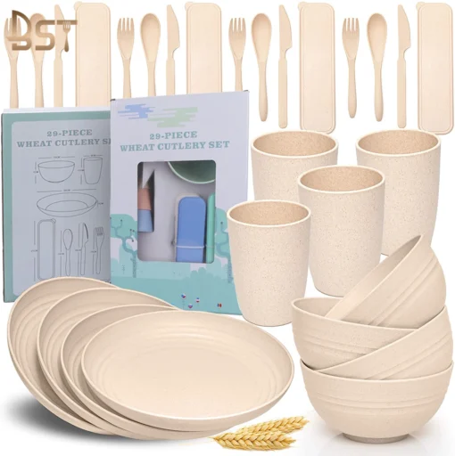 16/28/29 pieces Set Kitchen Biodegradable Dinner Plates Cereal Bowls Cups Wheat Straw Fiber Dinnerware Set - Image 6