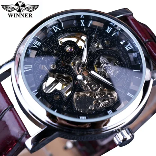 Winner Wristwatches Men Watch Luxury Transparent Golden Case Casual Design Brown Leather Mens Watches Mechanical Skeleton Watch