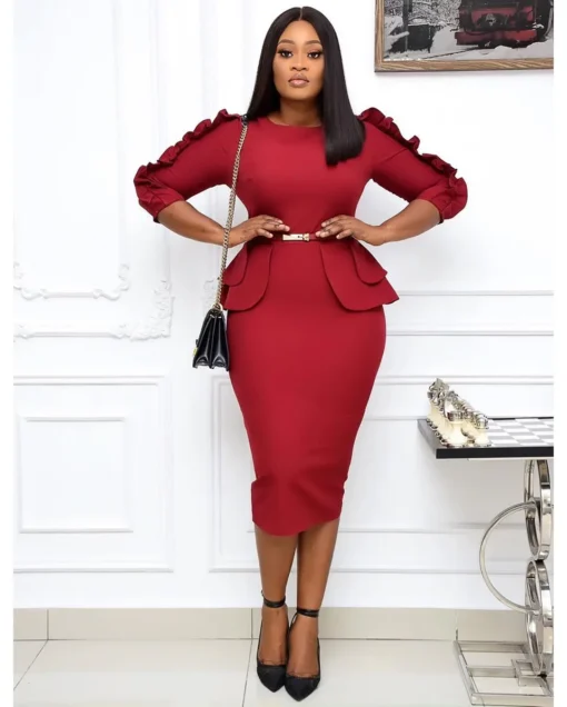 D092M Dropshipping Fall career office ladies dresses african clothes plus size women's dresses belted ruffles business dress - Image 2