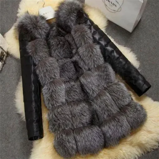 Womens Winter Clothing 2021 Long Sleeve Contrast Fashion Leather Ladies Faux Fur Coat Cropped Jacket - Image 2