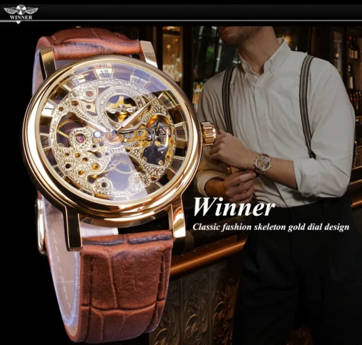 Winner Wristwatches Men Watch Luxury Transparent Golden Case Casual Design Brown Leather Mens Watches Mechanical Skeleton Watch - Image 4