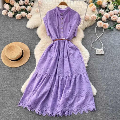 Summer New Design Solid Embroidery Hollow Out Turn-down Collar Short Sleeve Women Dresses Clothing - Image 3