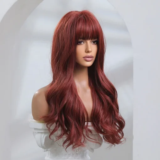 Wholesale 24" Wine Red Natural Cheap Long Wigs Vendor Natural Wave Pixie Cut Synthetic Hair Wigs With Bangs For Black Women - Image 3