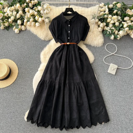 Summer New Design Solid Embroidery Hollow Out Turn-down Collar Short Sleeve Women Dresses Clothing