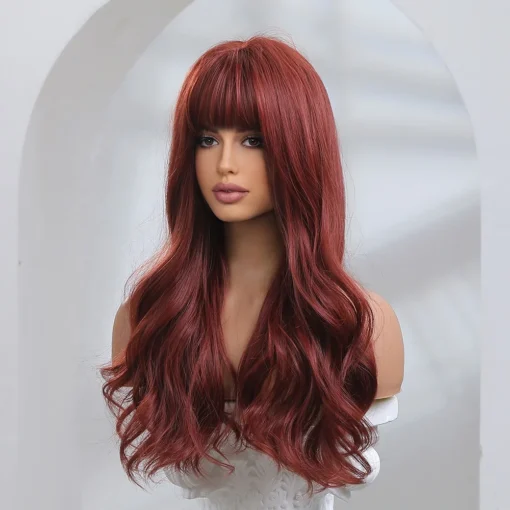 Wholesale 24" Wine Red Natural Cheap Long Wigs Vendor Natural Wave Pixie Cut Synthetic Hair Wigs With Bangs For Black Women - Image 2