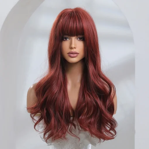 Wholesale 24" Wine Red Natural Cheap Long Wigs Vendor Natural Wave Pixie Cut Synthetic Hair Wigs With Bangs For Black Women - Image 6