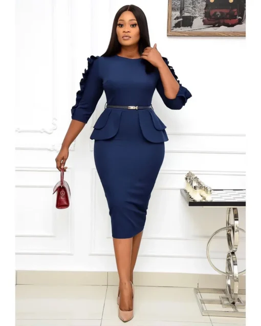 D092M Dropshipping Fall career office ladies dresses african clothes plus size women's dresses belted ruffles business dress - Image 3