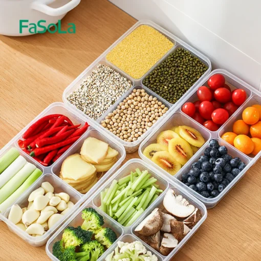 FaSoLa 4 Compartments Rectangle Pantry Storage Bin with Lid Refrigerator Organizer Bin Fridge Organizer for Freezers Kitchen - Image 2