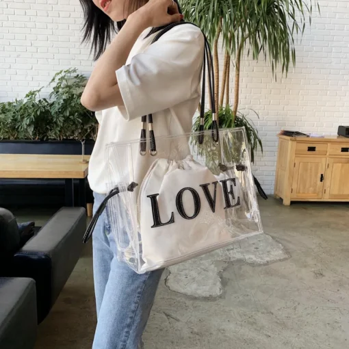 Summer New Transparent PVC Plastic Shoulder Shopping Beach Leisure Clear Purses and Luxury Handbags Tote Bags for Women