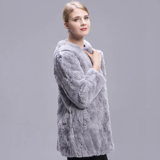 MWFur Fashion Women Rex Rabbit Fur Coat Winter Fur Jackets Fashion Outwear High Quality Female Long Rabbit Fur Coat Grey