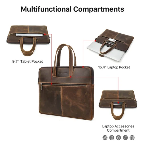 Wholesale Custom 14 15 Inch Leather Sleeve Laptop Bag Briefcase Shells Vintage Slim Leather Laptop bag For Macbook Pro 14 inc - Image 2