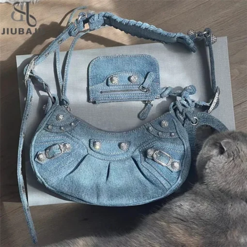 Rivet Studded Denim Shoulder Saddle Bag Cross Body Messenger Bag with Coin Purse Handbag Leather Zipper Women Bag - Image 6