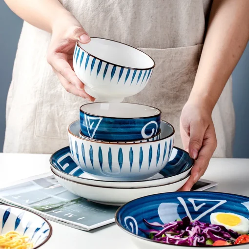 Japanese Style White and Blue Vibrant Color Kitchen Stoneware Ceramic Ramen Bowl Set