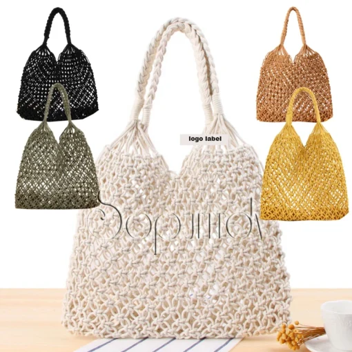 Wholesale Fashion Straw Indonesia Mesh Clutch Cotton Beach Tote Bag Shopping Tote Net Rattan Tote Bag with Handle - Image 6