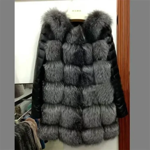 Womens Winter Clothing 2021 Long Sleeve Contrast Fashion Leather Ladies Faux Fur Coat Cropped Jacket - Image 4