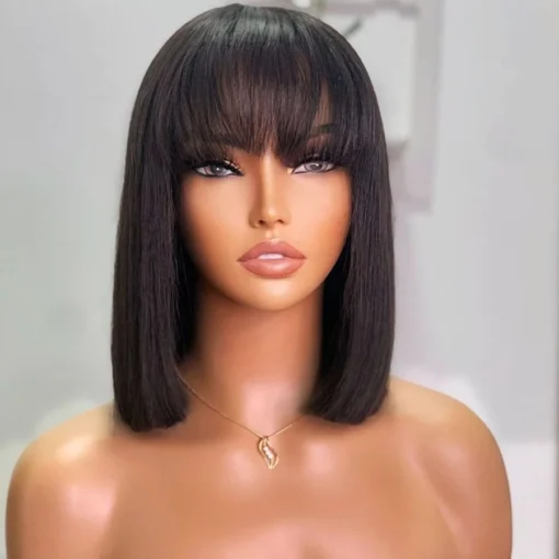 Glueless Straight 180% density  Short Cut Bob Wig With Bangs Undetectable Transparent HD Lace Realistic Scalp Wigs for Women