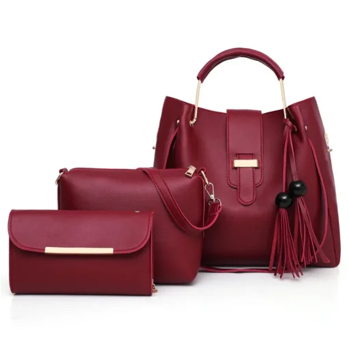 Hot Sell Casual Multi Function Burgundy Women Tote Shoulder Bag Leather Hand Bags Ladies Purses Handbags Set - Image 6