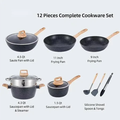 Wholesale 12 Pieces Aluminum Alloy White Granite Kitchen Cooking Pan Pot Set Non Stick Cookware Sets with Wood Handle - Image 5