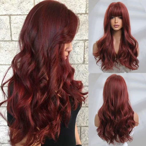 Wholesale 24" Wine Red Natural Cheap Long Wigs Vendor Natural Wave Pixie Cut Synthetic Hair Wigs With Bangs For Black Women