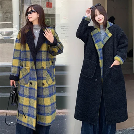 Lamb wool premium plaid coat vintage plaid 2024 autumn/Winter new thickened 700g long loose coat jacket - Image 6