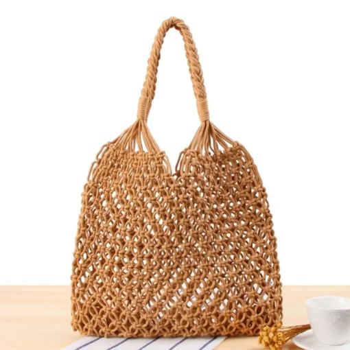 Wholesale Fashion Straw Indonesia Mesh Clutch Cotton Beach Tote Bag Shopping Tote Net Rattan Tote Bag with Handle - Image 3